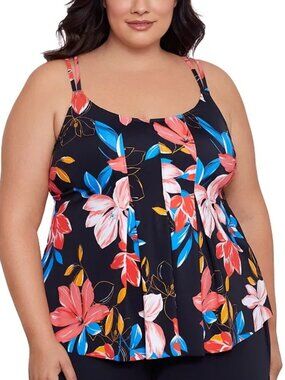 84$ Swim Solutions Floral-Print Pleated Tankini Top Plus Size 18W US Black Multi